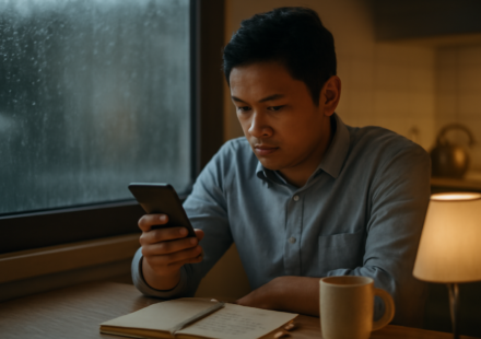 Seorang pemuda memeriksa kabar bencana di ponsel sambil mencatat di buku pada pagi hari saat hujan