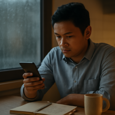 Seorang pemuda memeriksa kabar bencana di ponsel sambil mencatat di buku pada pagi hari saat hujan