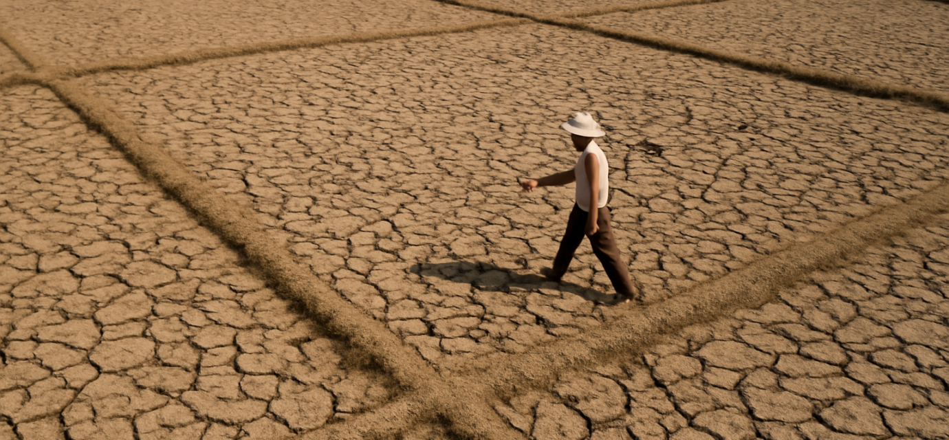 Sawah kering retak akibat kemarau panjang di Asia Tenggara, dengan petani berjalan di kejauhan.