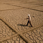 Sawah kering retak akibat kemarau panjang di Asia Tenggara, dengan petani berjalan di kejauhan.