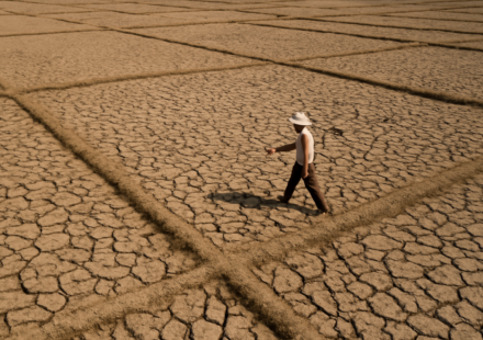 Sawah kering retak akibat kemarau panjang di Asia Tenggara, dengan petani berjalan di kejauhan.