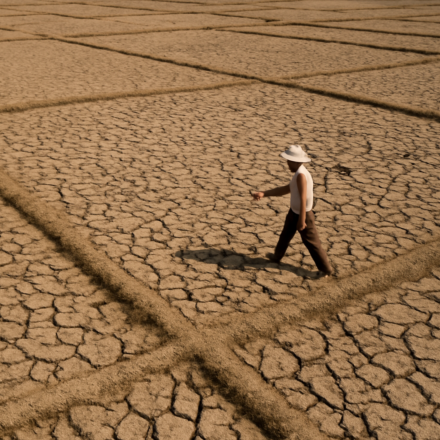 Sawah kering retak akibat kemarau panjang di Asia Tenggara, dengan petani berjalan di kejauhan.