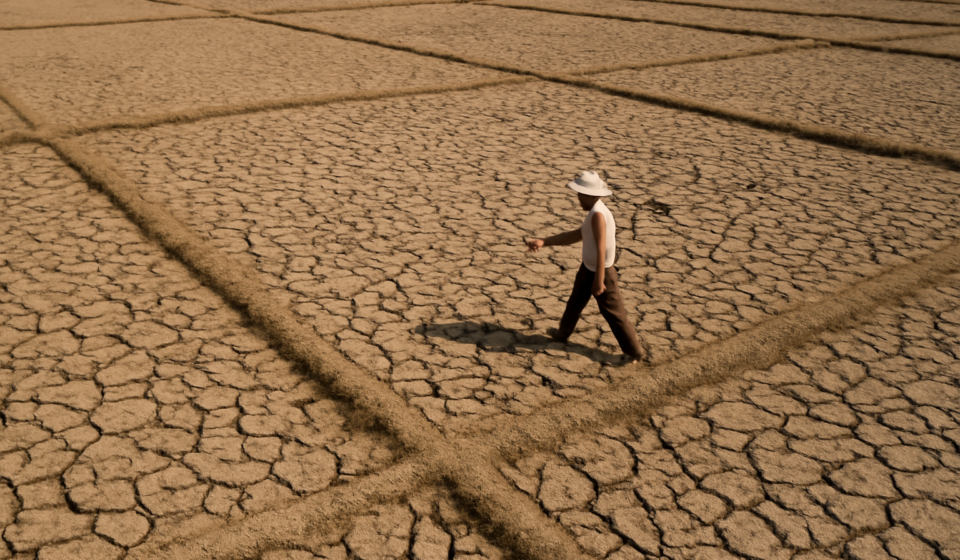 Sawah kering retak akibat kemarau panjang di Asia Tenggara, dengan petani berjalan di kejauhan.