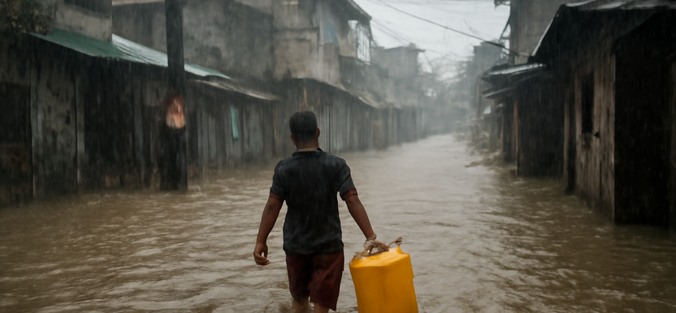 Anak membawa wadah air saat banjir di permukiman Asia Tenggara