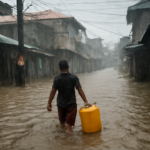 Anak membawa wadah air saat banjir di permukiman Asia Tenggara