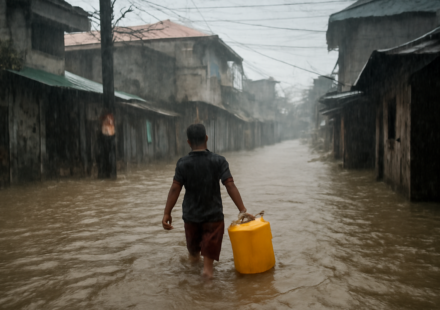 Anak membawa wadah air saat banjir di permukiman Asia Tenggara