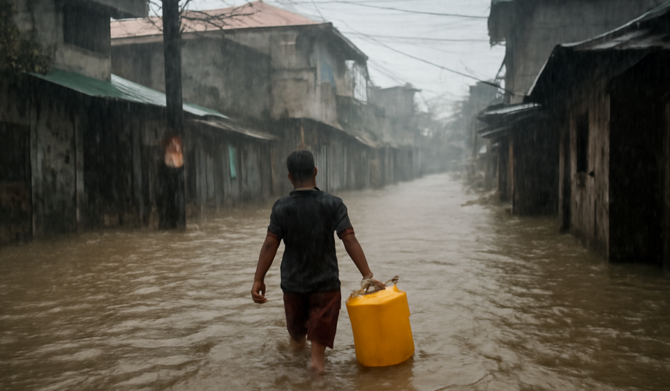 Anak membawa wadah air saat banjir di permukiman Asia Tenggara