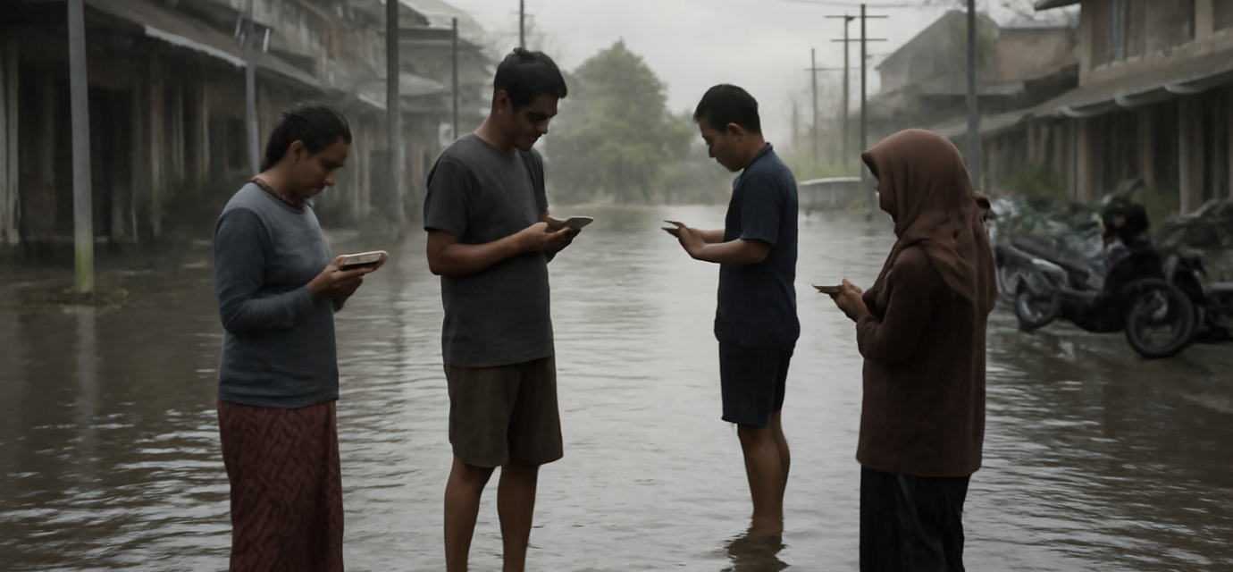 Warga memeriksa ponsel di dekat jalan yang tergenang banjir saat musim hujan di Asia Tenggara