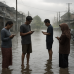 Warga memeriksa ponsel di dekat jalan yang tergenang banjir saat musim hujan di Asia Tenggara