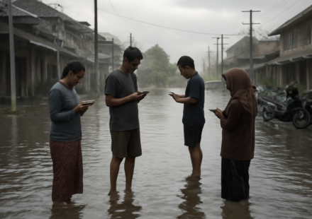 Warga memeriksa ponsel di dekat jalan yang tergenang banjir saat musim hujan di Asia Tenggara