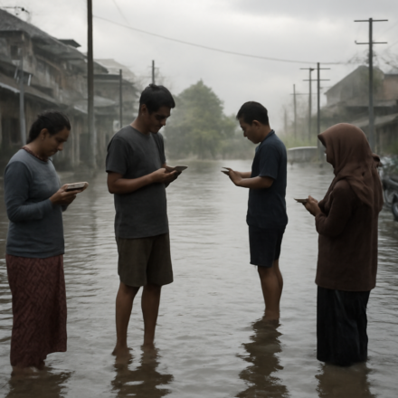 Warga memeriksa ponsel di dekat jalan yang tergenang banjir saat musim hujan di Asia Tenggara