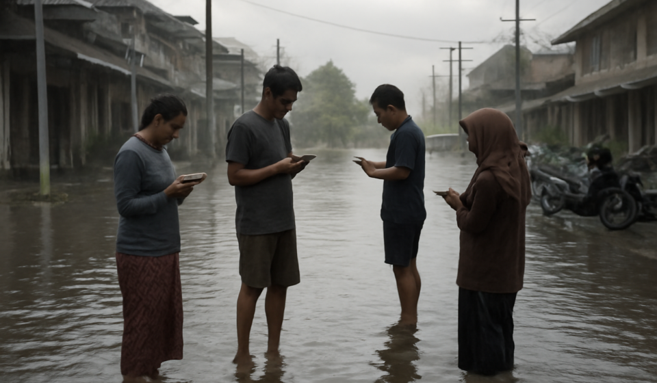 Warga memeriksa ponsel di dekat jalan yang tergenang banjir saat musim hujan di Asia Tenggara