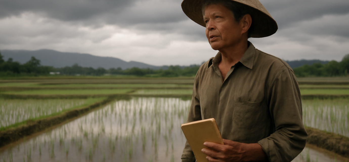 Petani berdiri di tepi sawah sambil mencatat tanda cuaca menjelang musim hujan