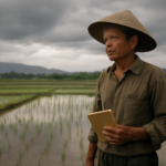 Petani berdiri di tepi sawah sambil mencatat tanda cuaca menjelang musim hujan