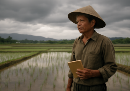 Petani berdiri di tepi sawah sambil mencatat tanda cuaca menjelang musim hujan