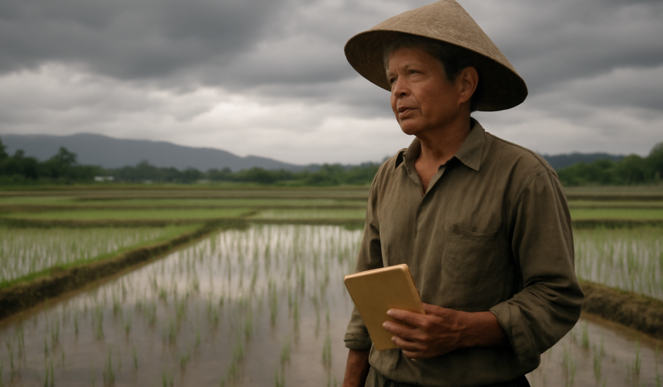 Petani berdiri di tepi sawah sambil mencatat tanda cuaca menjelang musim hujan