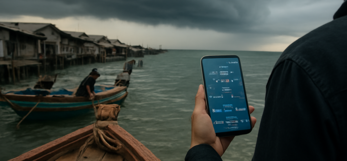 Warga memeriksa aplikasi cuaca di ponsel saat awan gelap menyelimuti perairan Asia Tenggara
