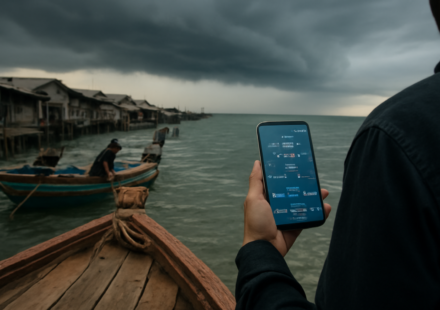 Warga memeriksa aplikasi cuaca di ponsel saat awan gelap menyelimuti perairan Asia Tenggara