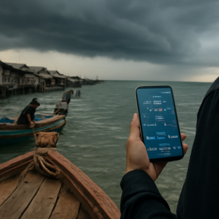Warga memeriksa aplikasi cuaca di ponsel saat awan gelap menyelimuti perairan Asia Tenggara