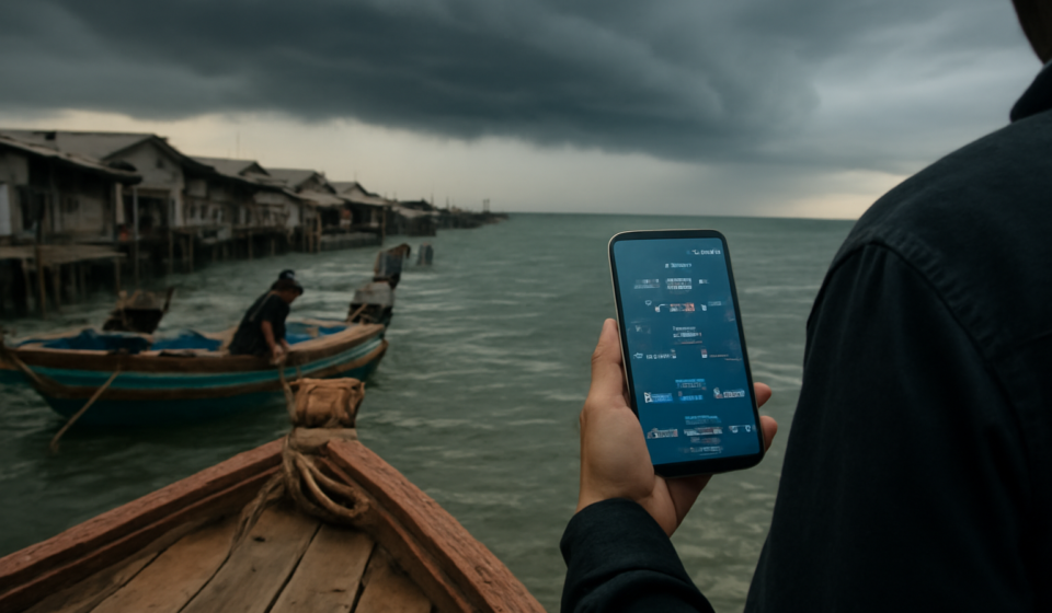 Warga memeriksa aplikasi cuaca di ponsel saat awan gelap menyelimuti perairan Asia Tenggara