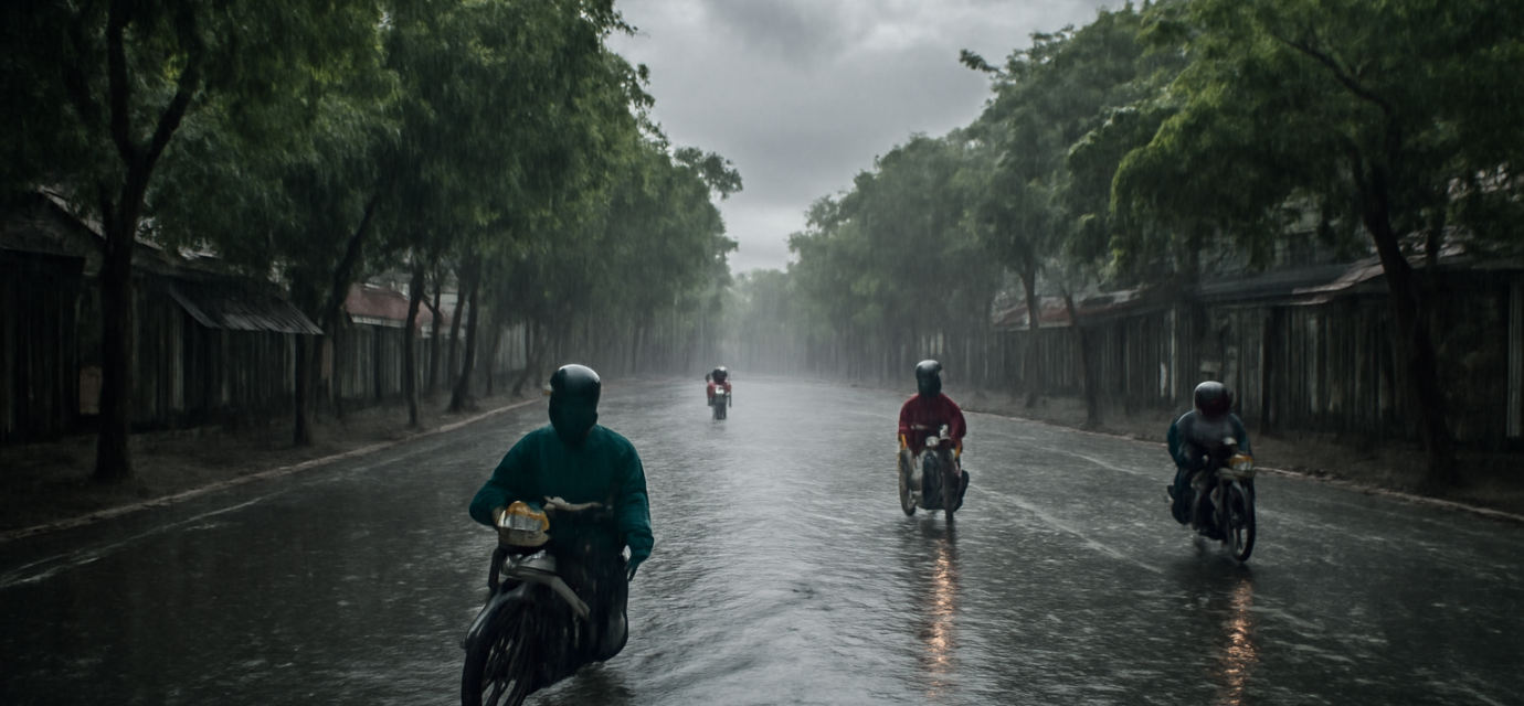 Jalanan kota Asia Tenggara tergenang air saat hujan musim hujan deras