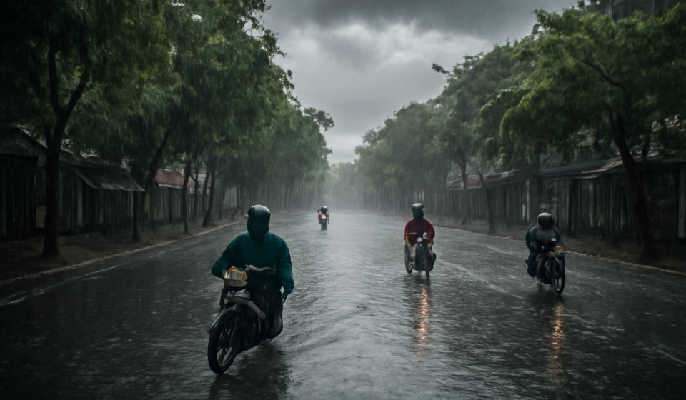 Jalanan kota Asia Tenggara tergenang air saat hujan musim hujan deras